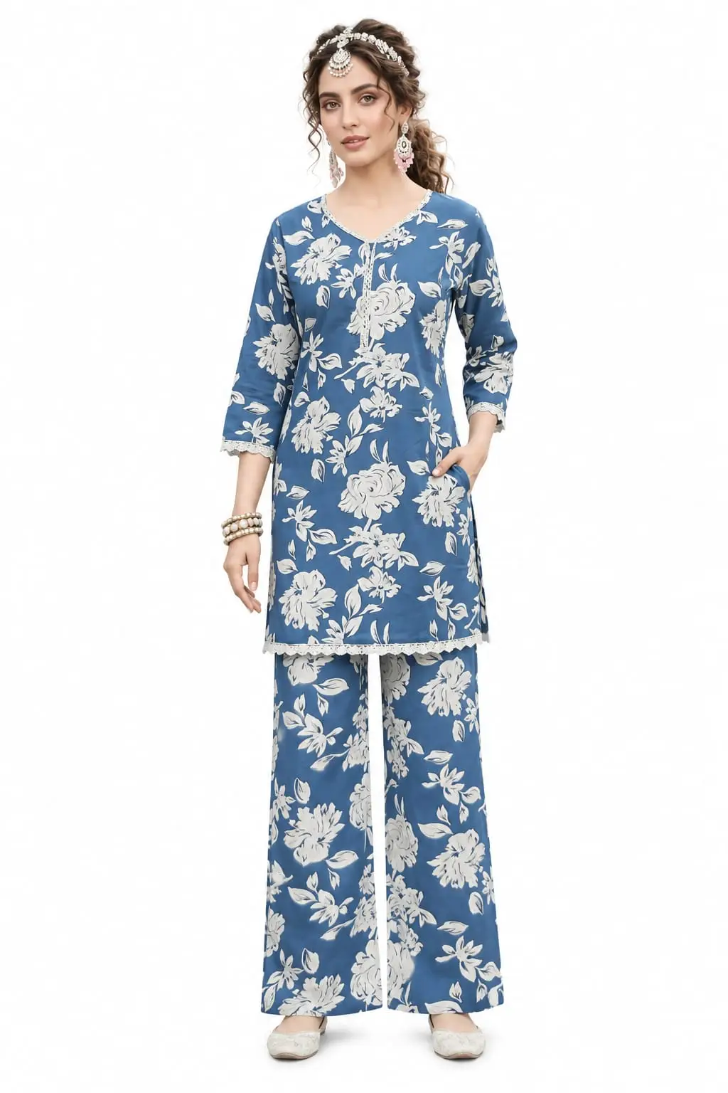 Premium rayon long coat set for women with abstract geometric line print