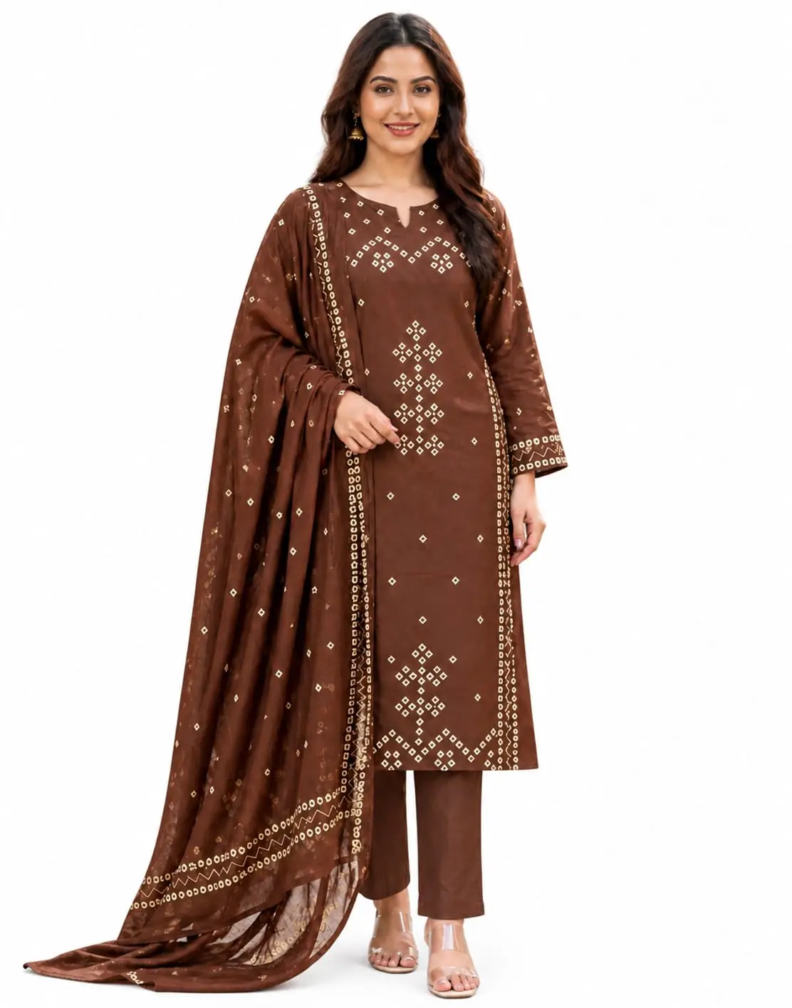 Cotton Geometric Print Suit Set for Women with Diamond Print Kurti and Matching Dupatta