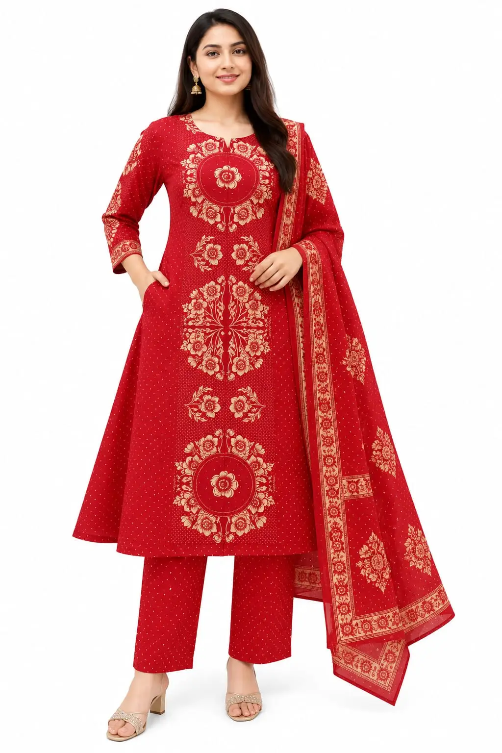 Cotton A Line Kurti Pant Dupatta Set for Women