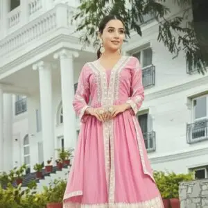 Pink stitched georgette anarkali set with embroidered hem for women