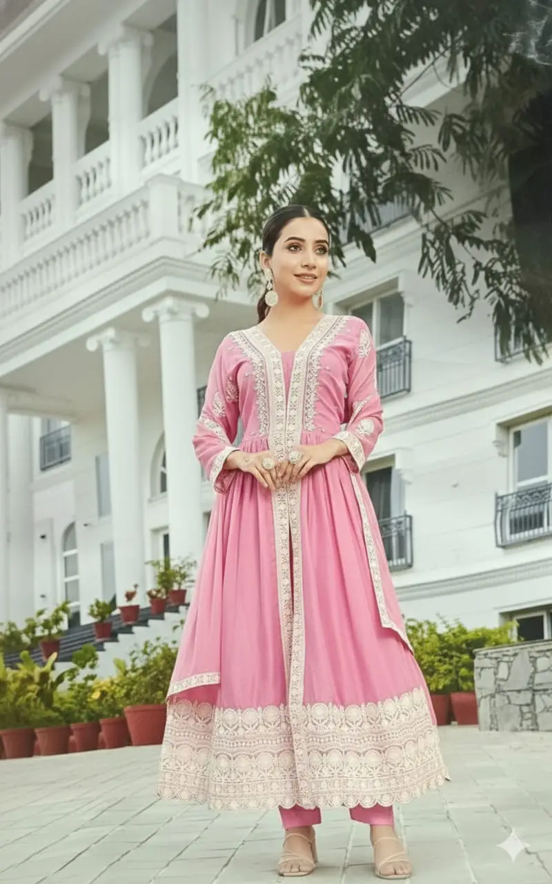Pink stitched georgette anarkali set with embroidered hem for women