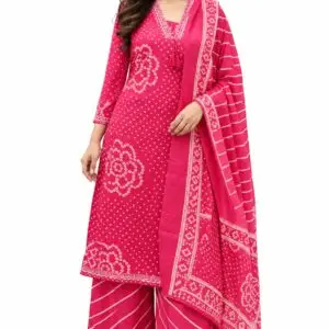 Cotton Bandhani Suit Set for Women with Sharara Pant and Printed Dupatta