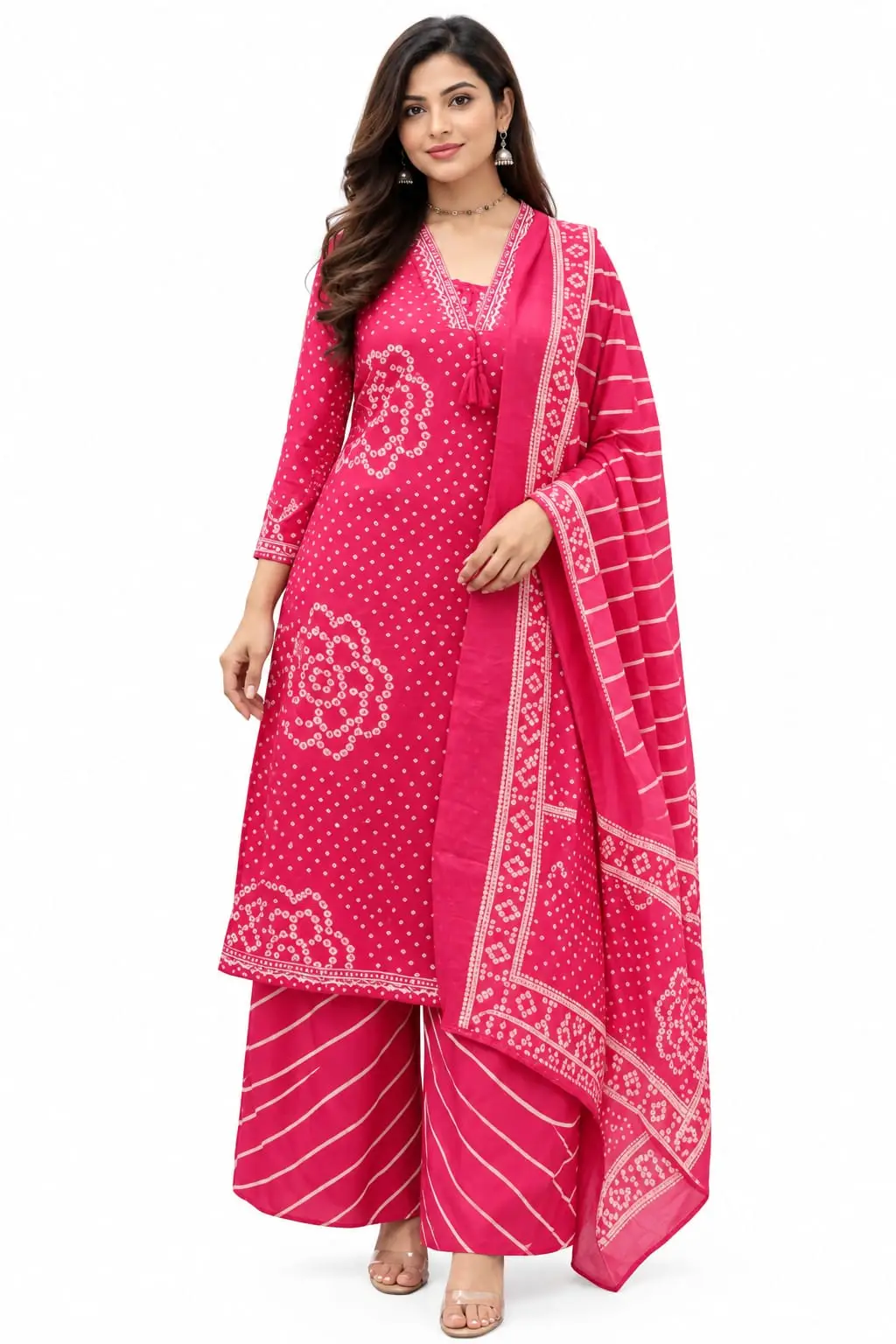 Cotton Bandhani Suit Set for Women with Sharara Pant and Printed Dupatta