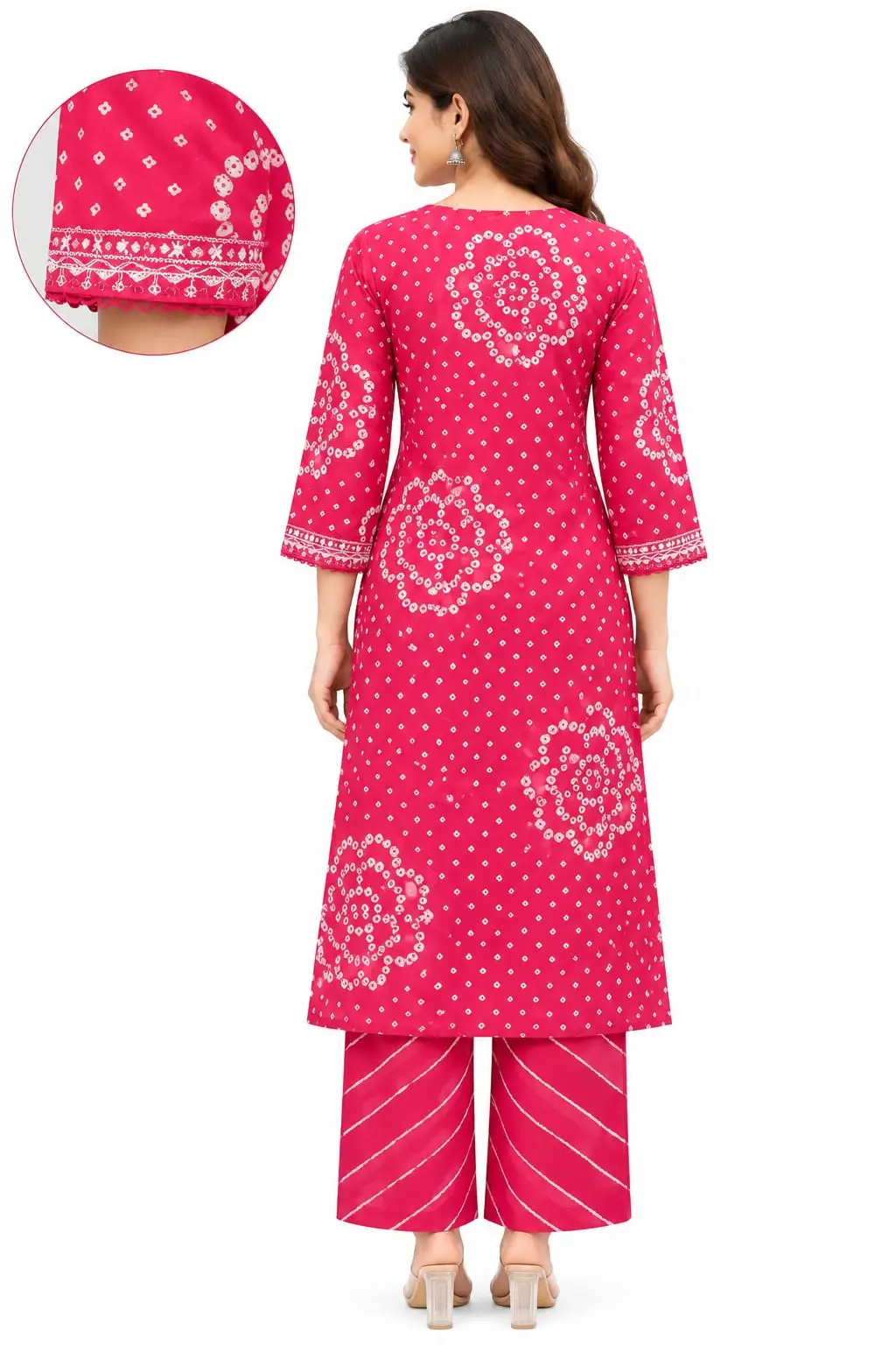Cotton Bandhani Suit Set for Women with Sharara Pant and Printed Dupatta