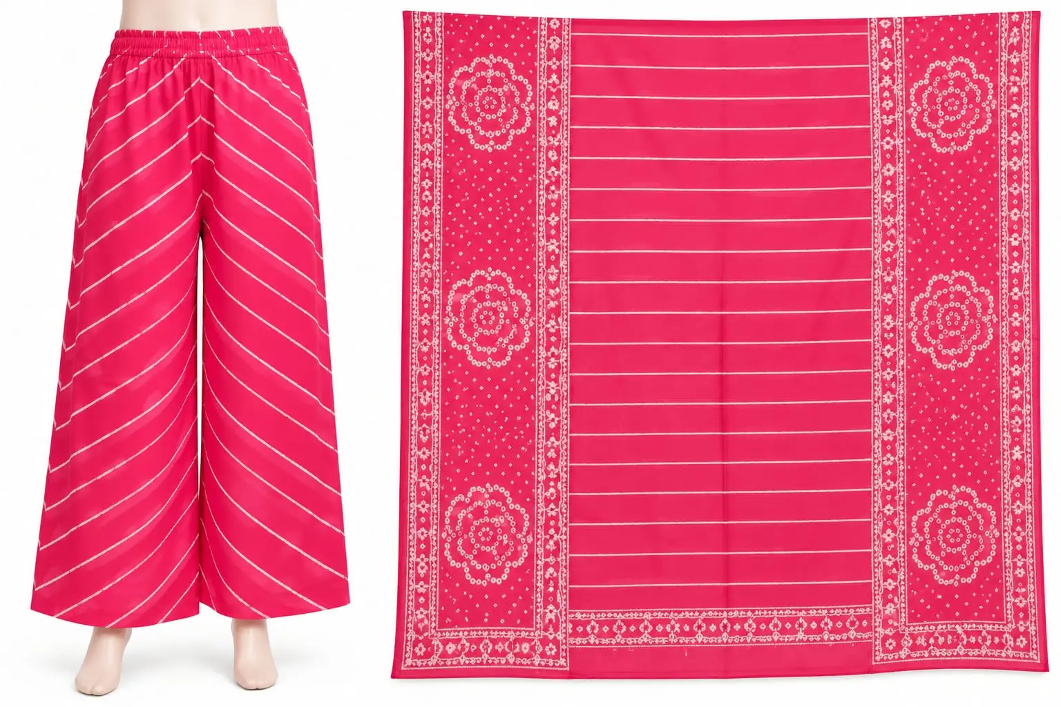 Cotton Bandhani Suit Set for Women with Sharara Pant and Printed Dupatta