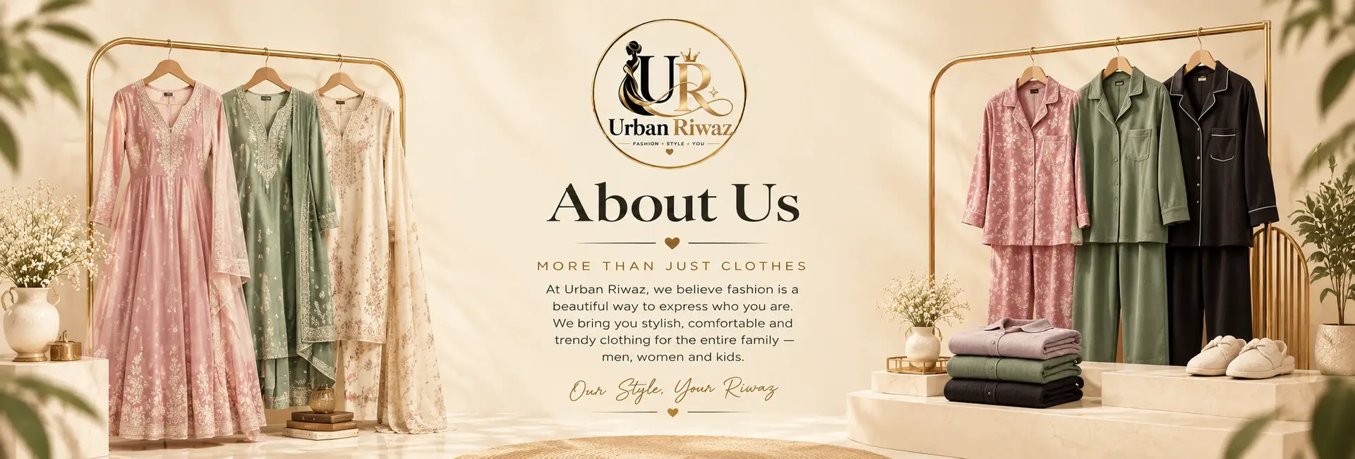 Urban Riwaz About Us banner featuring women’s ethnic wear and night suits