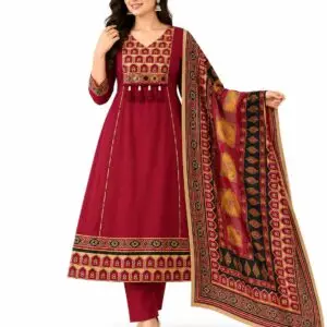 Cotton A-line kurta pant dupatta set with ethnic print