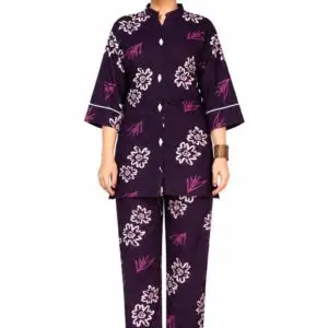 Back view of women's dark purple floral print kurta pant co-ord set with white flowers and pink leaf design