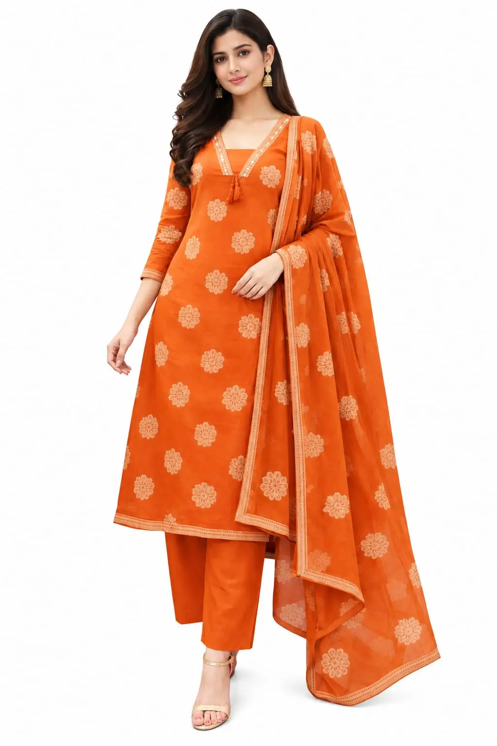 Dust Orange Kurti Set with Pant and Dupatta for Women