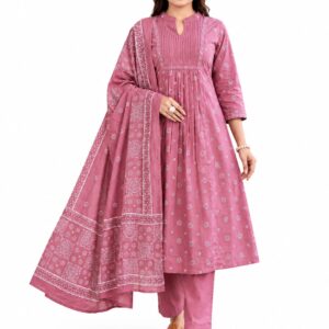 Dusty rose Bandhani print A-line suit set with matching bottom and dupatta