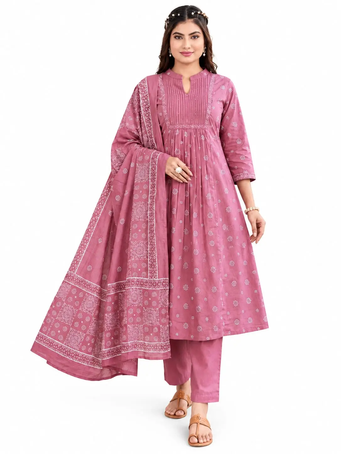 Dusty rose Bandhani print A-line suit set with matching bottom and dupatta