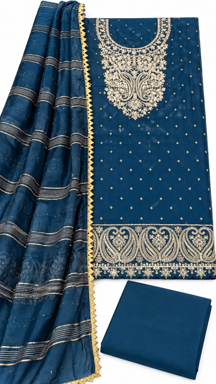 Elegant Roman Silk printed suit with paisley print and Gota Work dupatta