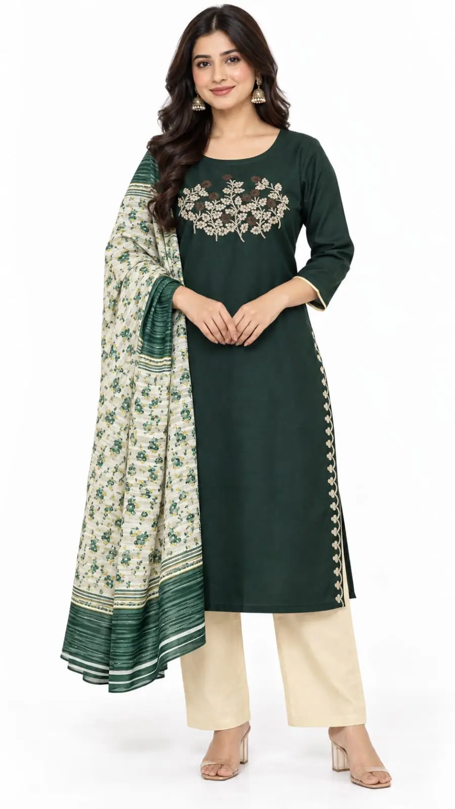 Navy Blue Embroidered Kurta Set with Cream Pant and Floral Dupatta