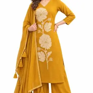 Mustard yellow cotton embroidered kurta set with palazzo and dupatta