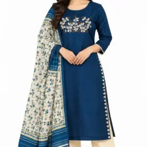 Navy Blue Embroidered Kurta Set with Cream Pant and Floral Dupatta