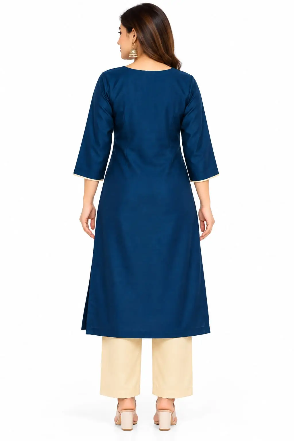 Navy Blue Embroidered Kurta Set with Cream Pant and Floral Dupatta