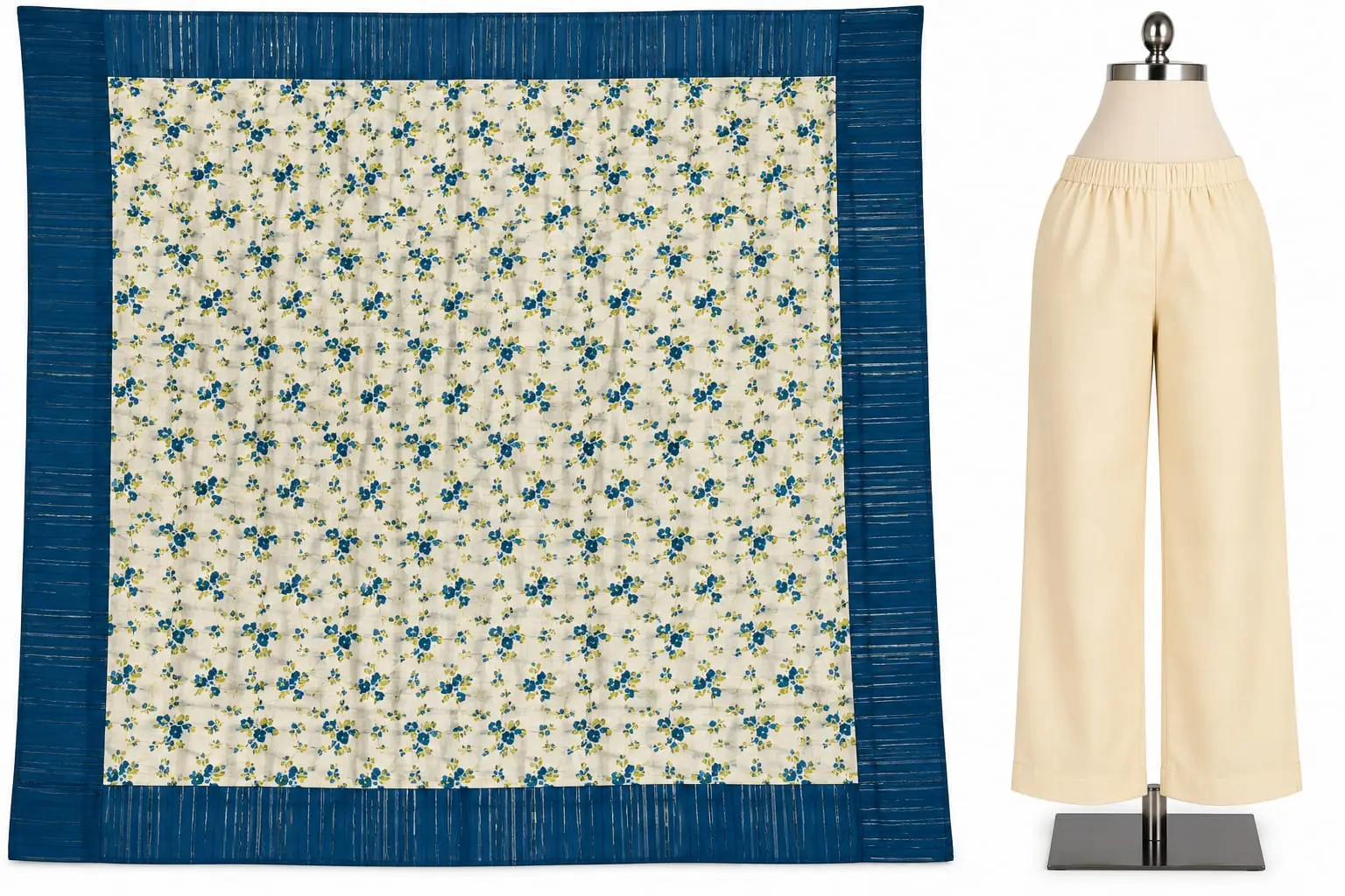 Navy Blue Embroidered Kurta Set with Cream Pant and Floral Dupatta
