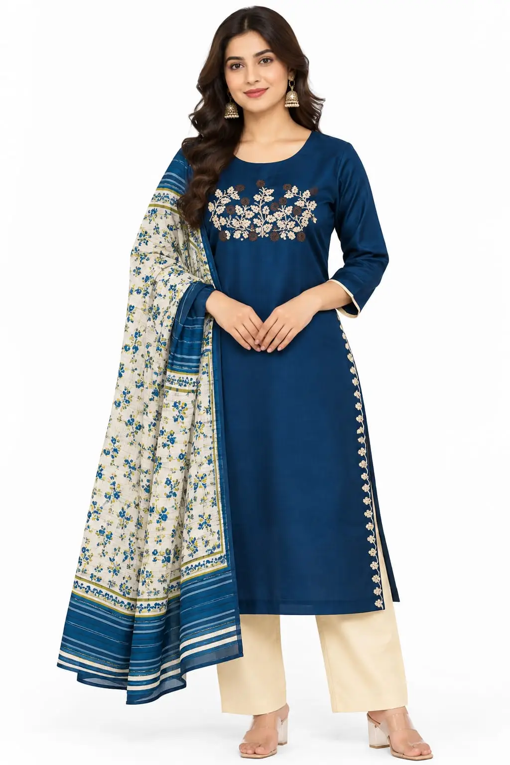 Navy Blue Embroidered Kurta Set with Cream Pant and Floral Dupatta