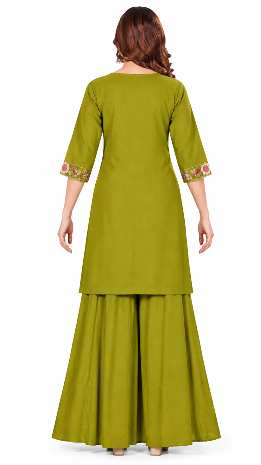 Olive green kurta sharara set for women with floral embroidery and gota lace dupatta
