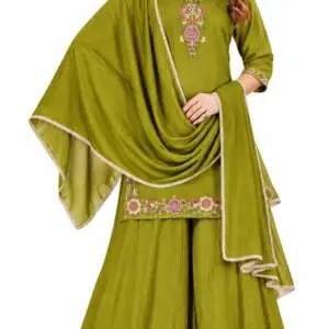 Olive green kurta sharara set for women with floral embroidery and gota lace dupatta