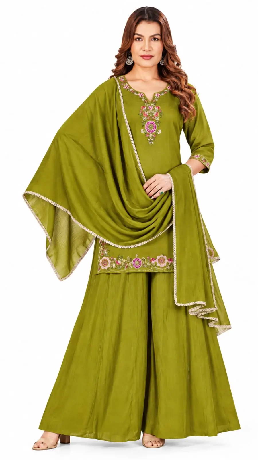 Olive green kurta sharara set for women with floral embroidery and gota lace dupatta