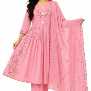 Pink cotton A-line kurti pant set with dupatta