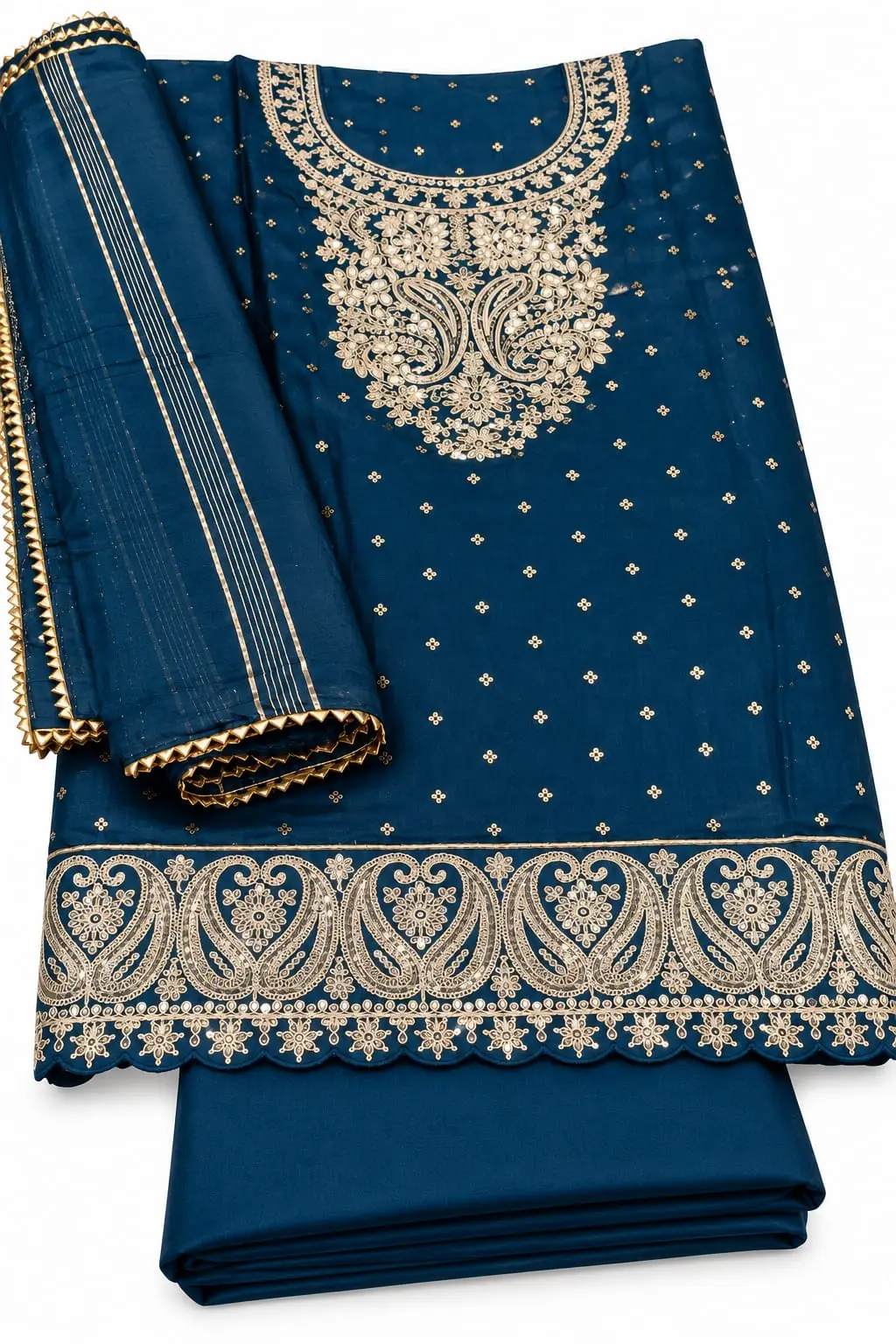 Elegant Roman Silk printed suit with paisley print and Gota Work dupatta