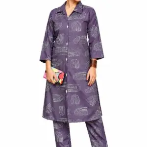 Premium cotton rayon long cord set for women with abstract geometric line print