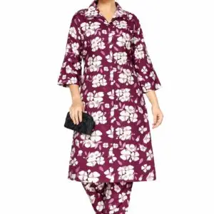 Premium long cord set for women in cotton rayon with abstract geometric line print