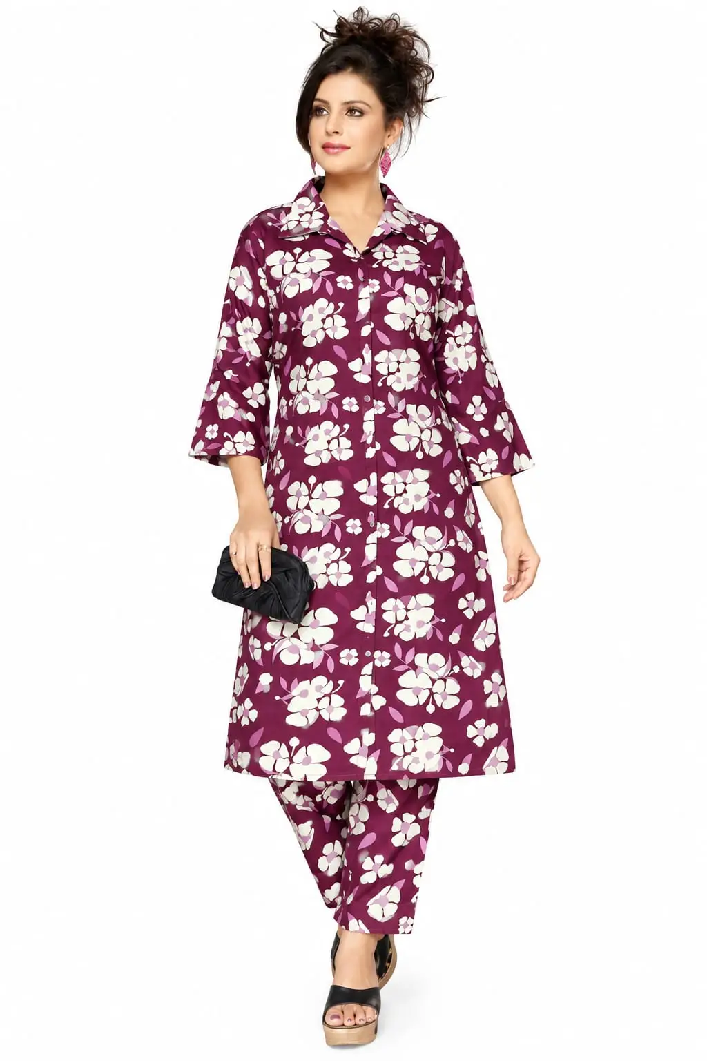 Premium long cord set for women in cotton rayon with abstract geometric line print