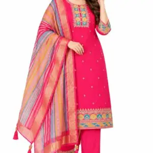 Roman Silk Kurta Pant Dupatta Set for Women in Rani Pink