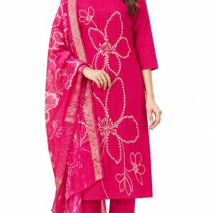 Rani Pink Floral Embroidered Silk Suit Set with Cream Pink Dupatta