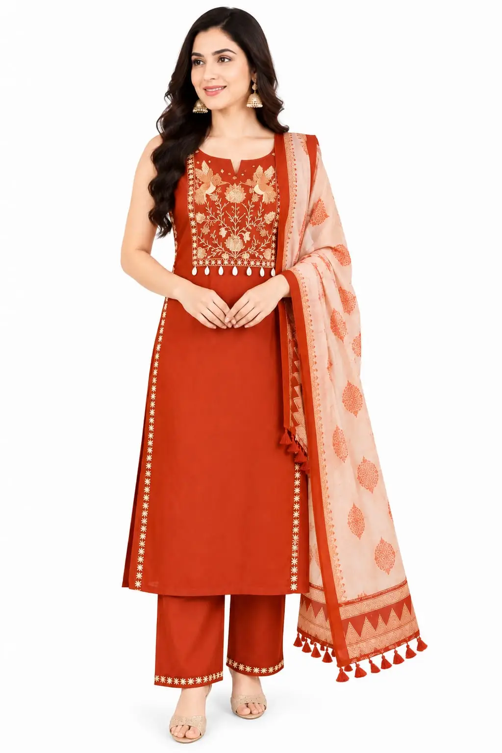 Rayon cotton kurti set with straight pants and printed dupatta