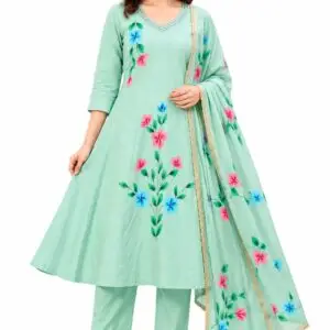 Roman Cotton A-Line Kurta with Embellished V-Neck for Women