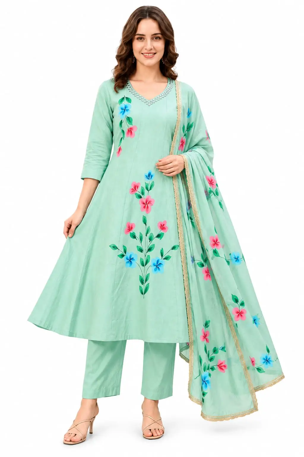 Roman Cotton A-Line Kurta with Embellished V-Neck for Women