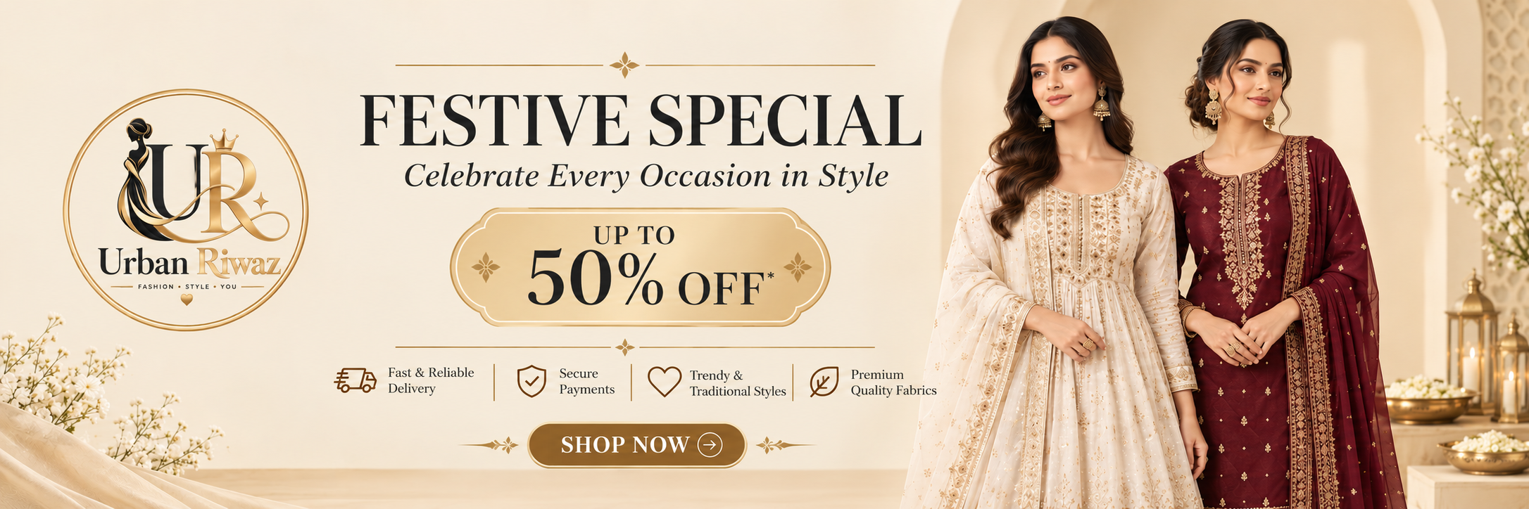 Urban Riwaz Festival Special ethnic wear banner with festive fashion and up to 50% off